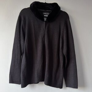 Sag Harbor Black Cardigan with Faux Fur Trim